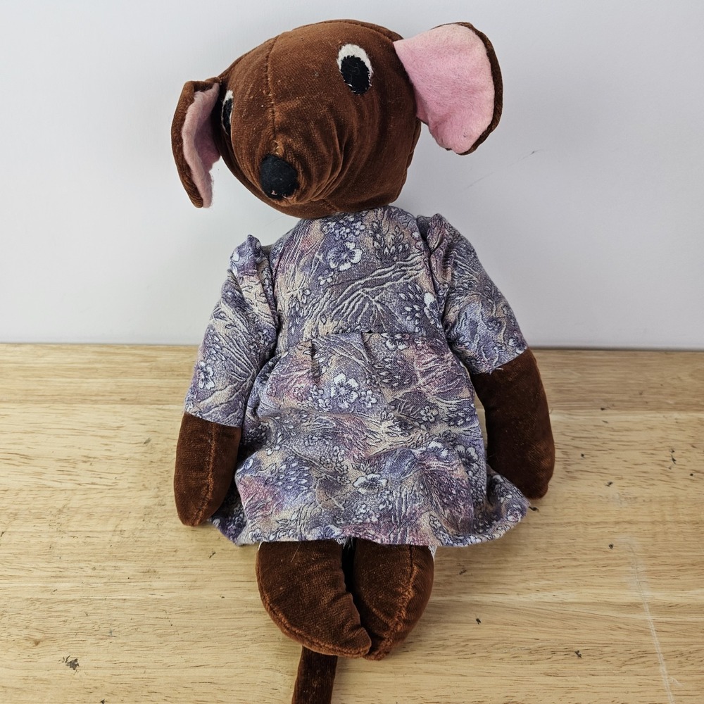 Vintage Stuffed Animal Brown Mouse Rat in Purple Dress & Bloomers‎ Doll
